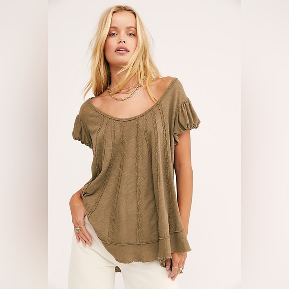 Free People New Star T-shirt Top XS Green Linen Blend Oversized Shirt - Picture 1 of 4